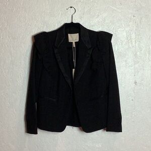Black Rebecca Taylor wool blazer with ruffle detail on shoulder